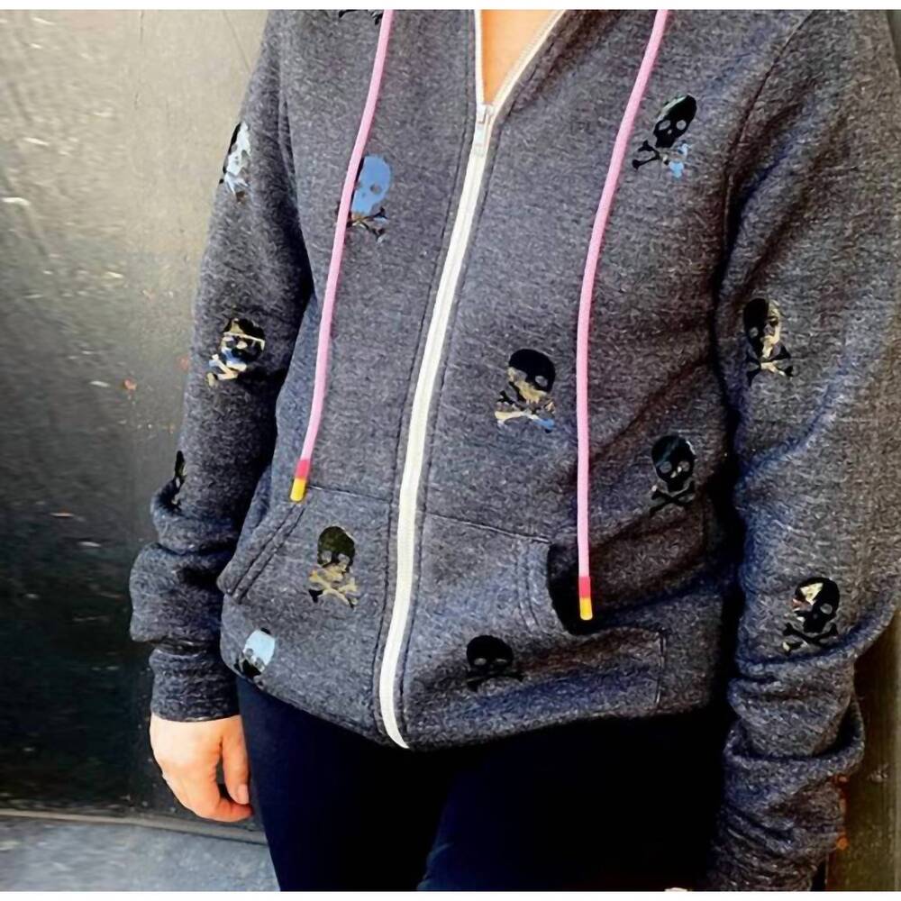 NEW STYLE REFORM dotty zip up hoodie in black glossy mini skulls charcoal